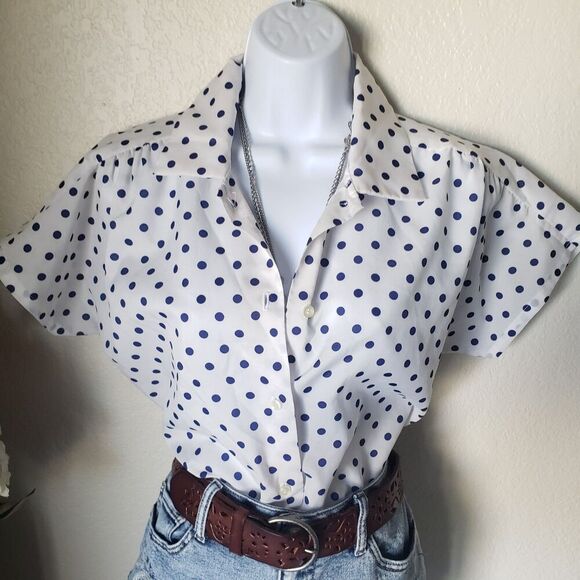 90s Vintage Short Sleeve Polka Dot Button-Up Blouse - Picture 3 of 6